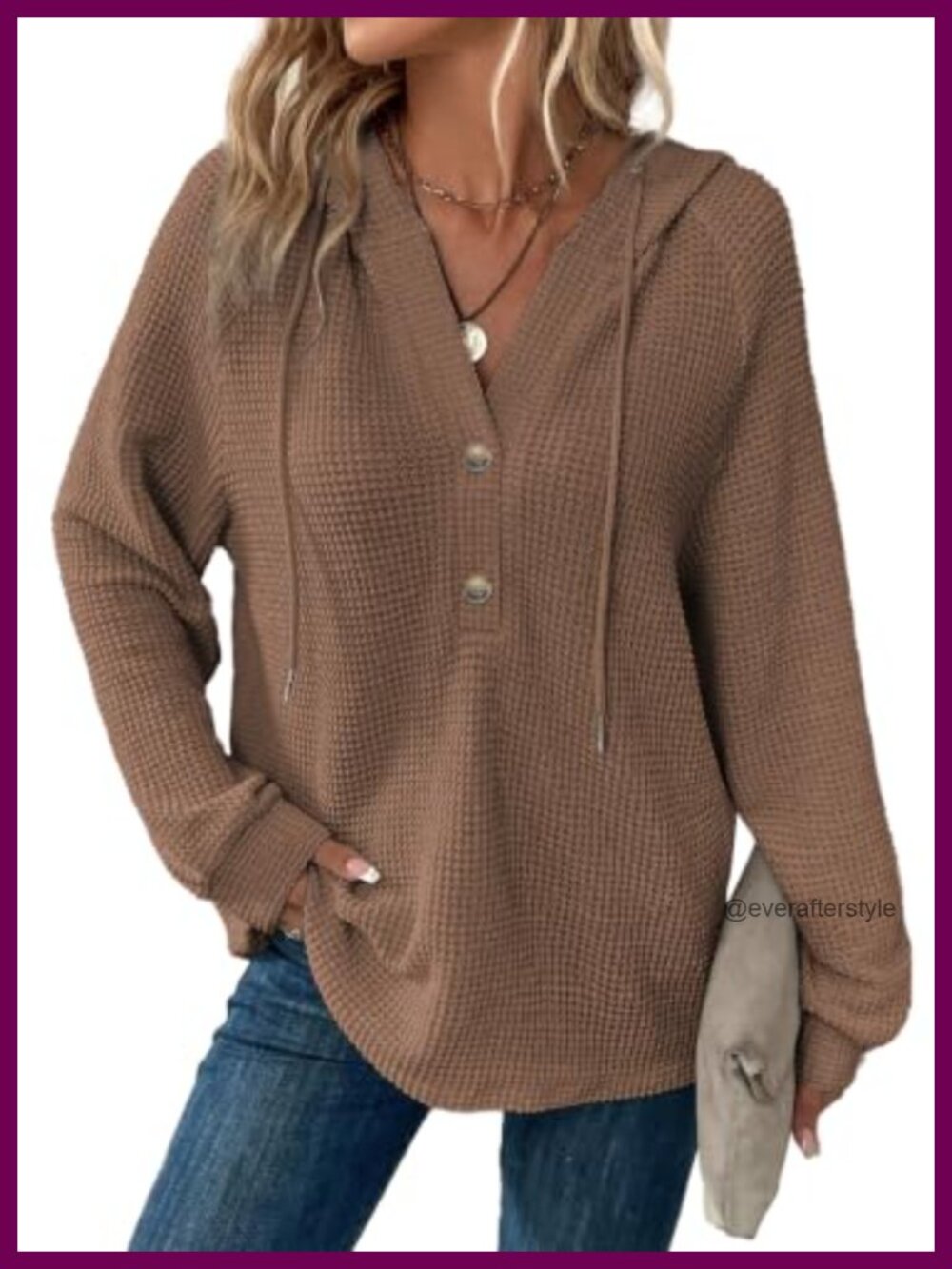 Dokotoo Waffle Knit Hoodie Women Oversized Button V Neck Sweatshirt